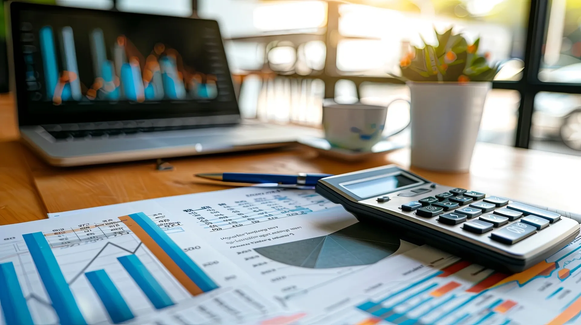 Calculator with charts and graphs on paper and a laptop screen indicating business and accounting services